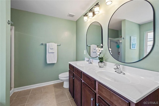 full bath featuring baseboards, visible vents, a shower stall, and a sink