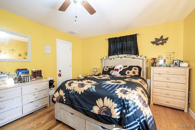 bedroom featuring visible vents, light wood-style flooring, and ceiling fan
