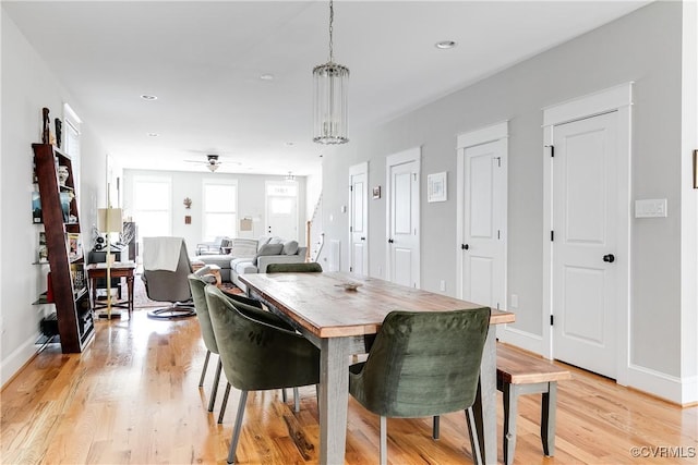 1207 N 21st St, Richmond, VA 23223 - dining room featuring a ceiling fan, baseboards, recessed lighting, and light wood-style flooring