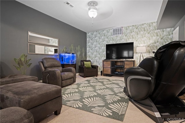 7324 Rosemead Ln, Chesterfield, VA 23838 - living room featuring visible vents, carpet floors, an accent wall, and wallpapered walls