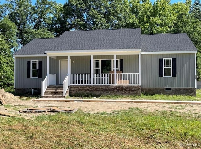 100 W St Johns Church Rd, West Point, VA 23181 - view of front of house with a shingled roof, a front lawn, covered porch, and crawl space