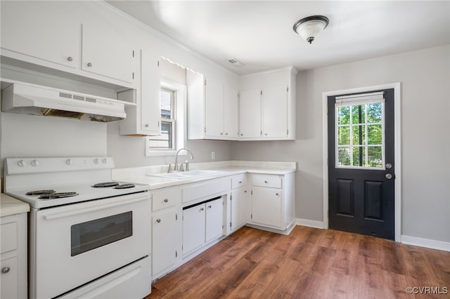 1207 Edgewood Blvd, Hopewell, VA 23860 - kitchen featuring white cabinets, a sink, wood finished floors, under cabinet range hood, and white electric range