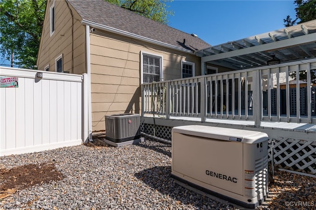 back of house featuring central air condition unit, a wooden deck, and a shingled roof