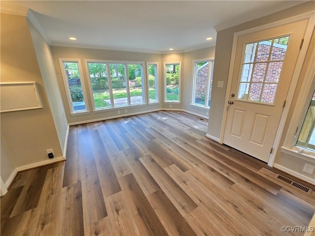 8600 Chester Forest Ln, North Chesterfield, VA 23237 - doorway with visible vents, ornamental molding, wood finished floors, baseboards, and recessed lighting