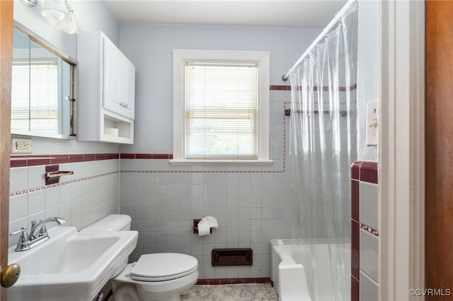 3006 Douglasdale Rd, Richmond, VA 23221 - full bath with shower / bath combination with curtain, tile walls, wainscoting, a sink, and toilet