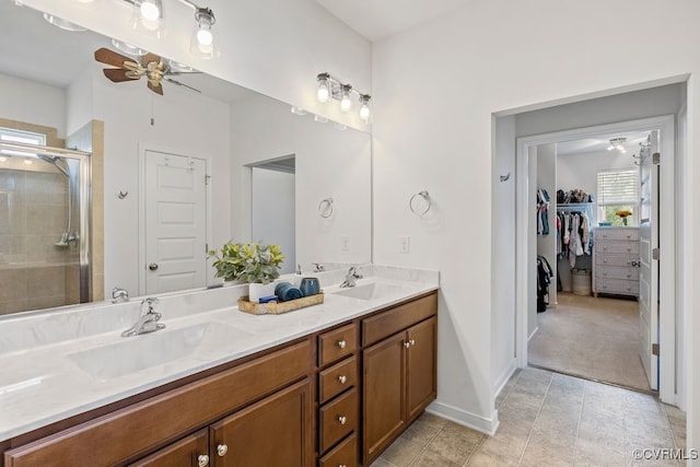 15501 Wolfboro Rd, Chesterfield, VA 23832 - full bathroom featuring a sink, a shower stall, a ceiling fan, and double vanity