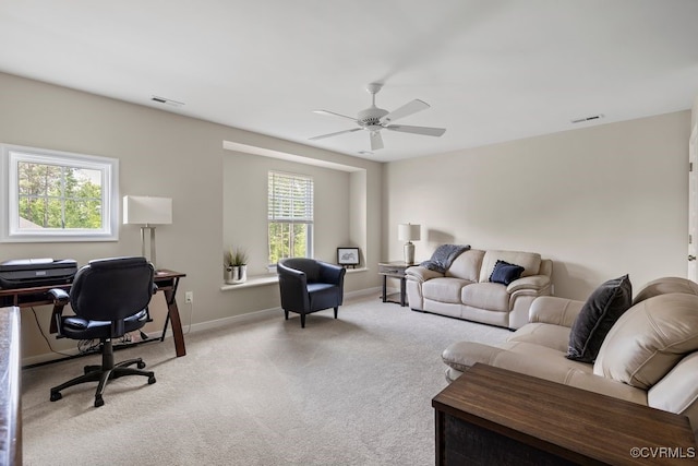 15501 Wolfboro Rd, Chesterfield, VA 23832 - carpeted living room with visible vents, baseboards, and ceiling fan