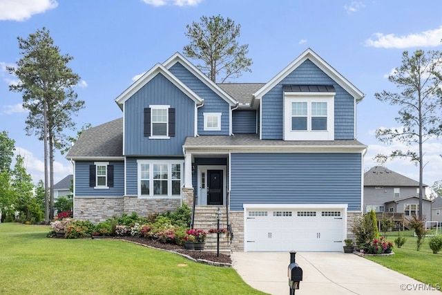 15501 Wolfboro Rd, Chesterfield, VA 23832 - craftsman-style home with concrete driveway, an attached garage, stone siding, and a front lawn