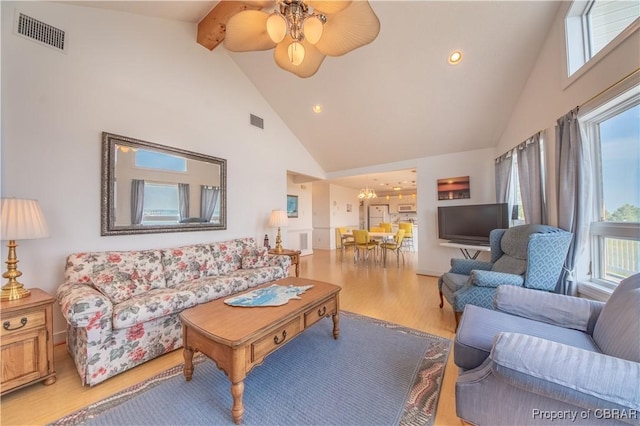 2000 Jenkins Neck Rd, Hayes, VA 23072 - living room featuring high vaulted ceiling, visible vents, light wood-style flooring, and beam ceiling