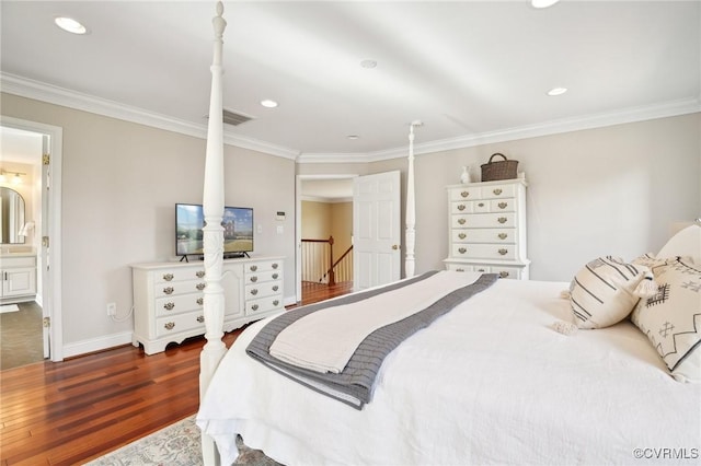 20145 Hunnicut Rd, Dinwiddie, VA 23803 - bedroom featuring crown molding, recessed lighting, baseboards, wood finished floors, and visible vents