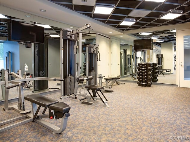 workout area with carpet floors