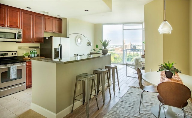 kitchen with dark brown cabinets, a kitchen breakfast bar, a center island, stainless steel appliances, and expansive windows