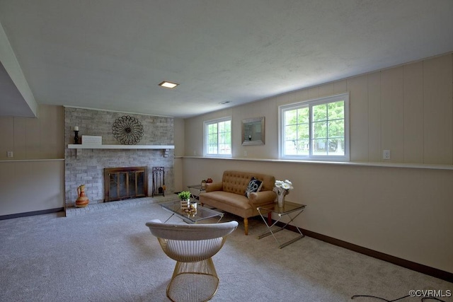 1423 Bull Run Dr, Henrico, VA 23231 - carpeted living room with baseboards and a brick fireplace