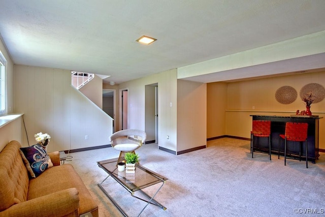 1423 Bull Run Dr, Henrico, VA 23231 - living area featuring carpet floors, stairs, baseboards, and a bar