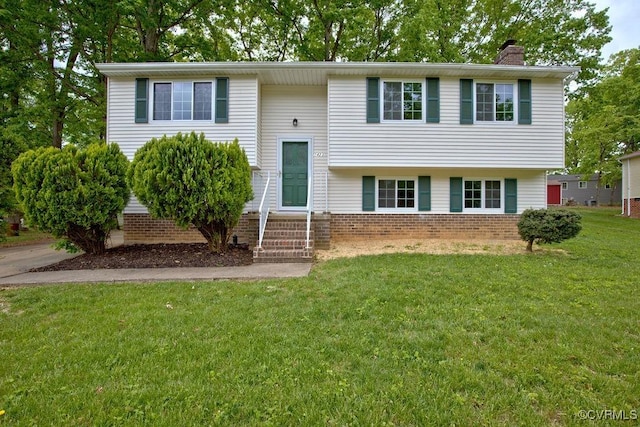 1423 Bull Run Dr, Henrico, VA 23231 - split foyer home featuring entry steps, a chimney, brick siding, and a front yard