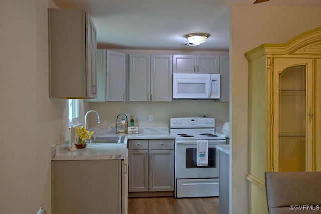 1423 Bull Run Dr, Henrico, VA 23231 - kitchen featuring gray cabinets, light wood-type flooring, a sink, light countertops, and white appliances