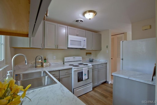 1423 Bull Run Dr, Henrico, VA 23231 - kitchen featuring gray cabinets, a sink, light countertops, light wood finished floors, and white appliances