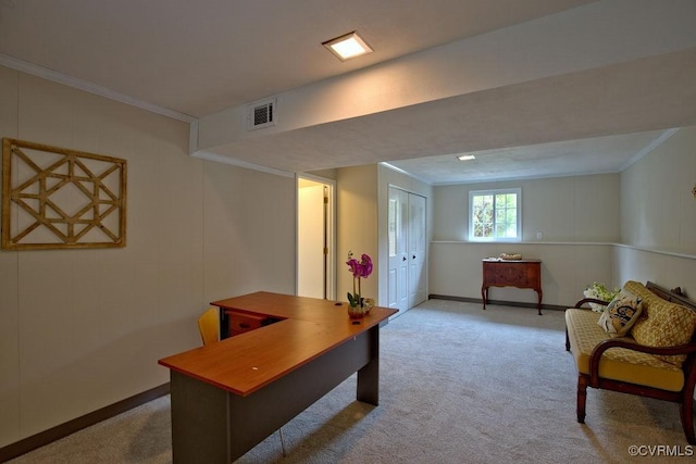 1423 Bull Run Dr, Henrico, VA 23231 - office area featuring visible vents, carpet flooring, baseboards, and crown molding