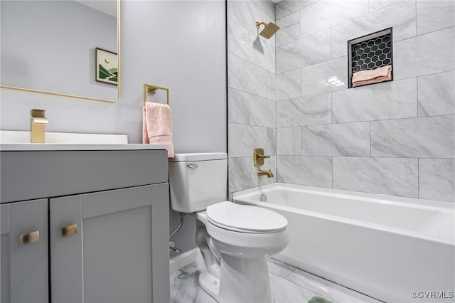 bathroom with vanity, bathtub / shower combination, toilet, and marble finish floor