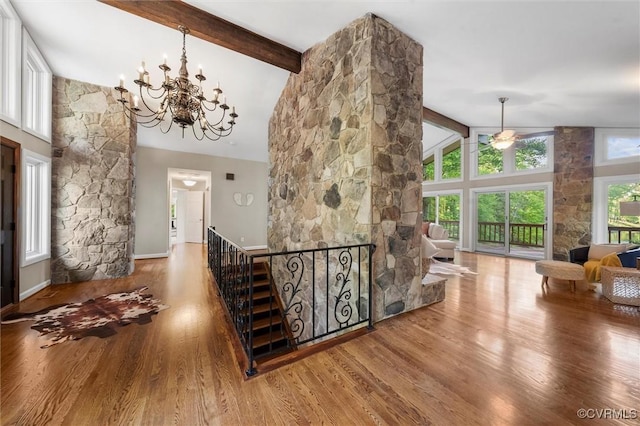 3640 Michaux Mill Dr, Powhatan, VA 23139 - entrance foyer with a chandelier, wood finished floors, high vaulted ceiling, and beamed ceiling