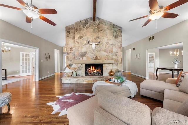 3640 Michaux Mill Dr, Powhatan, VA 23139 - living room featuring high vaulted ceiling, a ceiling fan, a fireplace, wood finished floors, and beamed ceiling