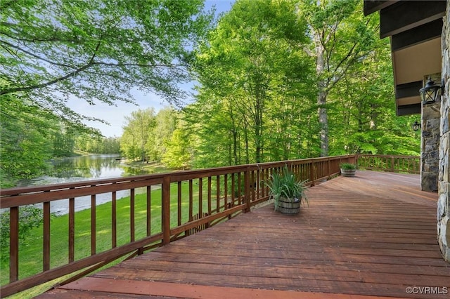 3640 Michaux Mill Dr, Powhatan, VA 23139 - wooden terrace with a water view, a yard, and a view of trees