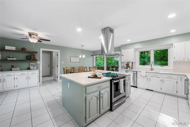 3640 Michaux Mill Dr, Powhatan, VA 23139 - kitchen featuring island range hood, stainless steel appliances, white cabinets, light countertops, and recessed lighting