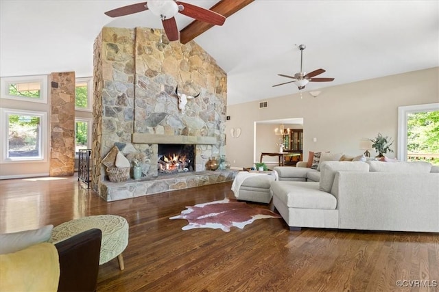 3640 Michaux Mill Dr, Powhatan, VA 23139 - living area with ceiling fan, high vaulted ceiling, beam ceiling, wood finished floors, and plenty of natural light
