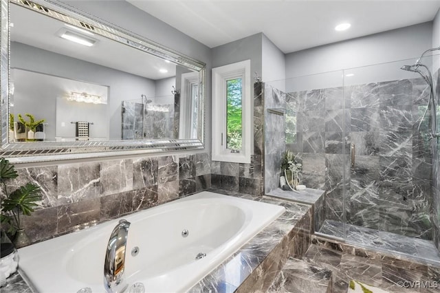3640 Michaux Mill Dr, Powhatan, VA 23139 - bathroom featuring a marble finish shower, marble look tiles, and a whirlpool tub