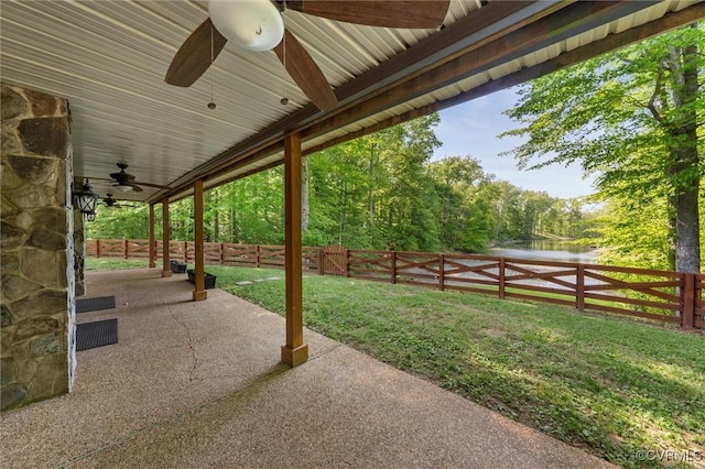 3640 Michaux Mill Dr, Powhatan, VA 23139 - fenced backyard featuring a ceiling fan, a water view, and a patio area