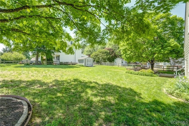 view of yard with a storage shed, an outdoor structure, and a fenced backyard