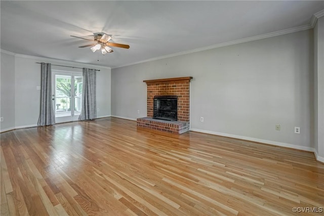 unfurnished living room featuring light wood-type flooring, baseboards, ceiling fan, and a fireplace