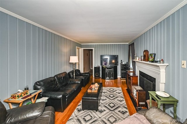 living room featuring ornamental molding, wood finished floors, and a fireplace