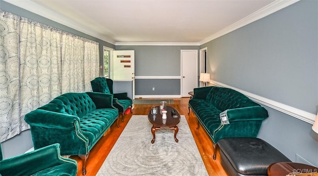 living area featuring crown molding and wood finished floors