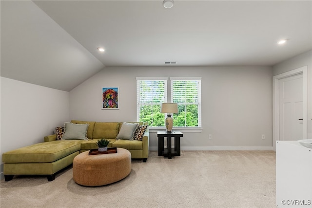 living room featuring light colored carpet, baseboards, visible vents, and recessed lighting