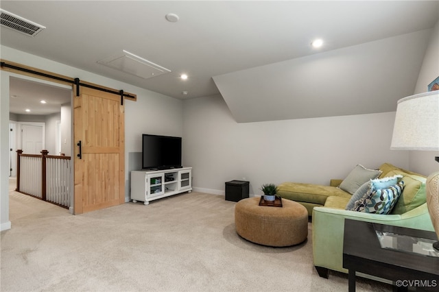 living area with light colored carpet, attic access, recessed lighting, baseboards, and visible vents