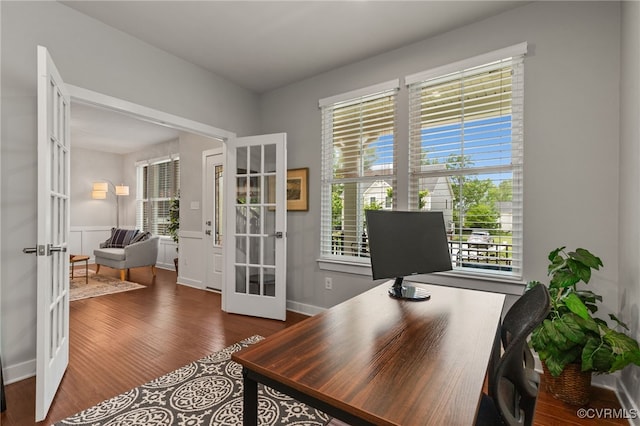 home office featuring french doors and wood finished floors