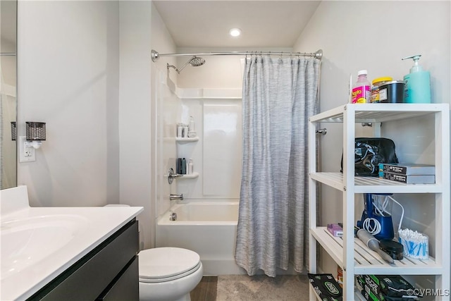 bathroom with vanity, toilet, and shower / tub combo with curtain