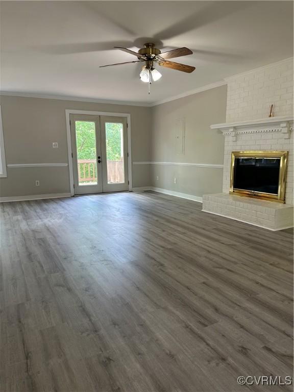 1916 Boardman Ln, Henrico, VA 23238 - unfurnished living room with ornamental molding, a ceiling fan, french doors, wood finished floors, and baseboards