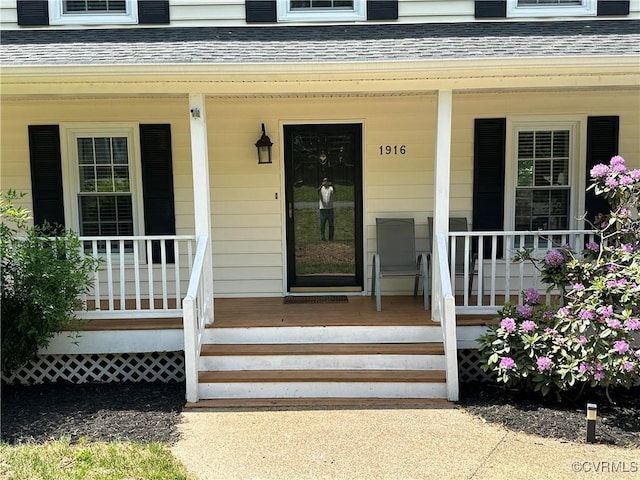 1916 Boardman Ln, Henrico, VA 23238 - entrance to property with a shingled roof and covered porch
