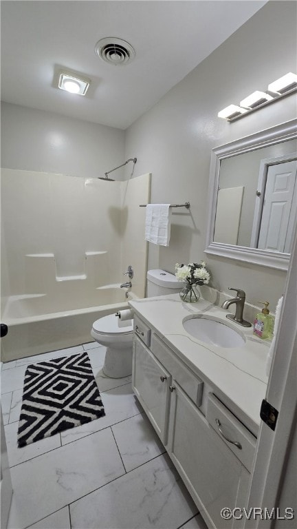 1916 Boardman Ln, Henrico, VA 23238 - bathroom with bathing tub / shower combination, vanity, toilet, and marble finish flooring
