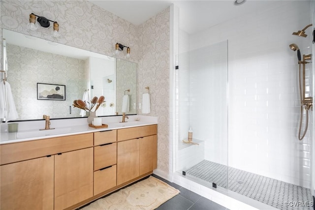 501 Golden Haze Aly Unit 16-1, Midlothian, VA 23113 - bathroom with a tile shower, tile patterned floors, double vanity, and wallpapered walls