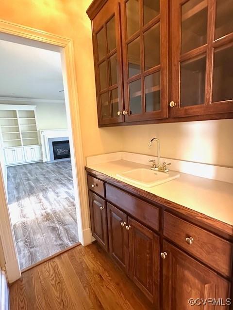 bar with crown molding, a sink, wood finished floors, and a fireplace