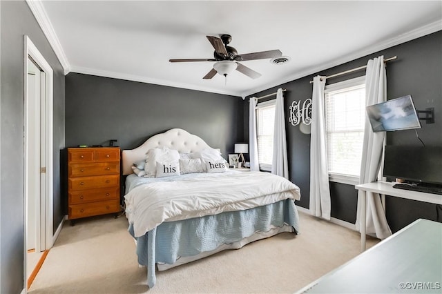 bedroom featuring light colored carpet, ornamental molding, and baseboards