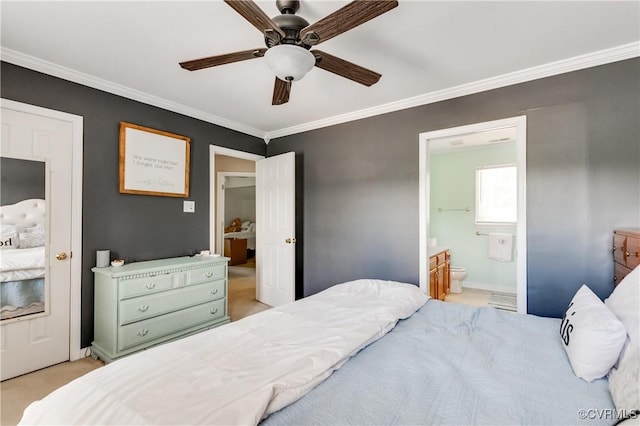 bedroom with a ceiling fan, baseboards, ensuite bathroom, crown molding, and light carpet