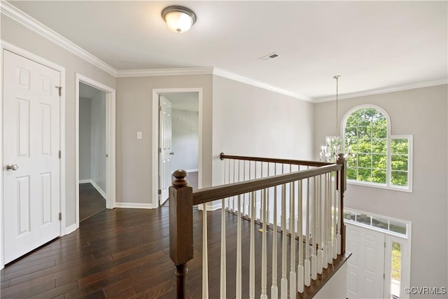 3713 Spratling Way, Chesterfield, VA 23237 - corridor featuring visible vents, ornamental molding, dark wood-style flooring, baseboards, and an upstairs landing