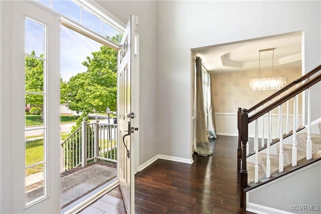 3713 Spratling Way, Chesterfield, VA 23237 - doorway to outside featuring an inviting chandelier, baseboards, dark wood finished floors, and a healthy amount of sunlight