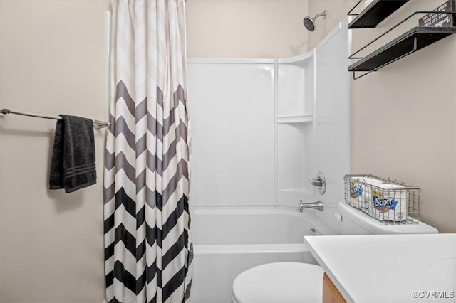 bathroom with vanity, toilet, and shower / tub combo with curtain