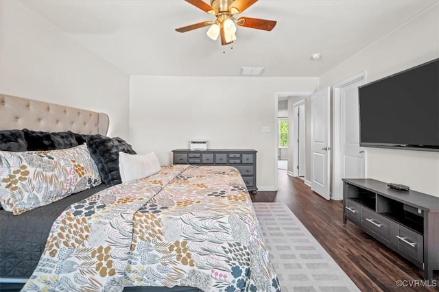 bedroom featuring visible vents, a ceiling fan, and dark wood-style floors
