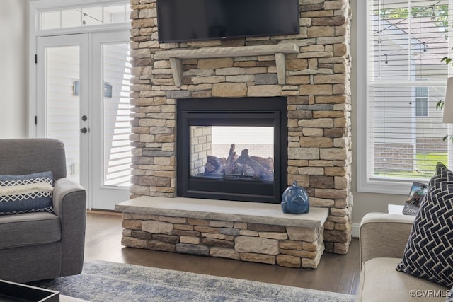 living area featuring a healthy amount of sunlight, wood finished floors, and a fireplace